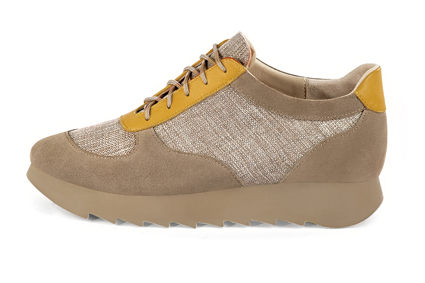 Tan beige and mustard yellow women's three-tone elegant sneakers. Round toe. Low rubber soles. Profile view - Florence KOOIJMAN
